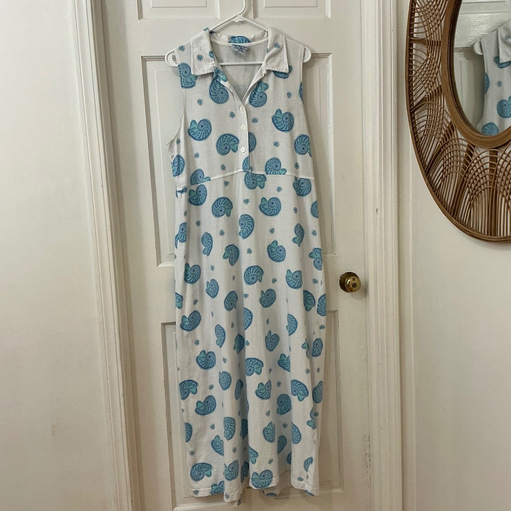 Zip Code Nautilus Shell Maxi Dress XL 100% Cotton Nautical Coastal Resort VTG